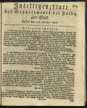 42tes Stück. Cassel den 17ten October 1808