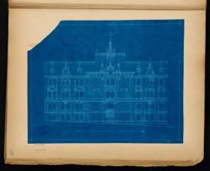 Wohnhausgruppe, Halle/Saale Monatskonkurrenz August 1882: Seitenverkehrt ! : ’aufgeklappter’ Aufriss Fassade I; Maßstabsleiste