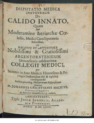 Disputatio Medica Inauguralis De Calido Innato