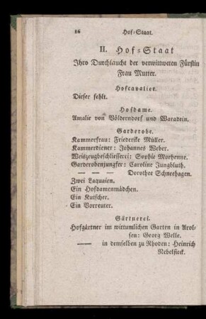 II. Hof=Staat Ihre Durchlaucht der verwittweten Fuerstin Frau Mutter.
