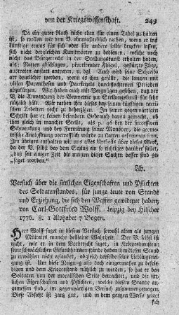 Versuch über die sittlichen Eigenschaften und Pflichten des Soldatenstandes.