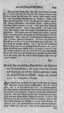 Versuch über die sittlichen Eigenschaften und Pflichten des Soldatenstandes.