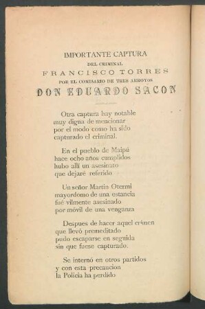 Importante captura del criminal Francisco Torres por el comisario de tres arroyos Don Eduardo Sacon