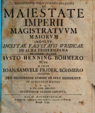 Dissertatio iuris publici solennis de maiestate imperii magistratuum maiorum