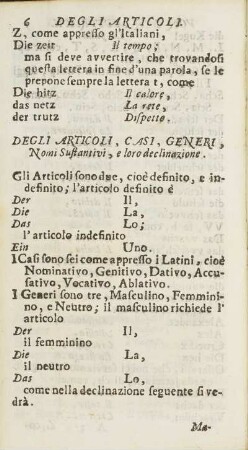 Degli Articoli, Casi, Generi, Nomi Sustantivi, e loro declinazine / Von den Articklen