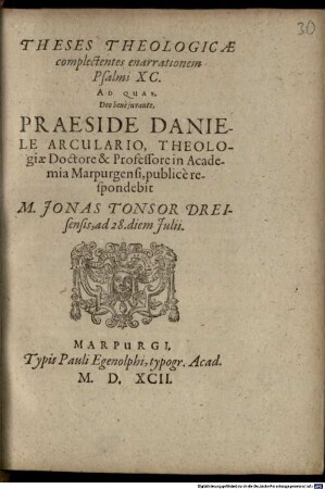 Theses theologicae complectentes enarrationem Psalmi XC.