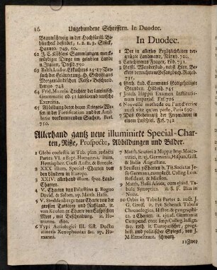 16-18, Allerhand ganz neue illuminirte Special-Charten, Riße, Prospecte, Abbildungen und Bilder.