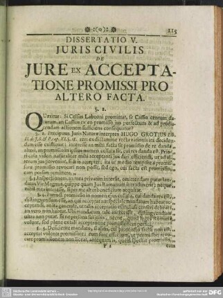 Dissertatio V. Iuris Civilis De Iure Ex Acceptatione Promissi Pro Altero Facta