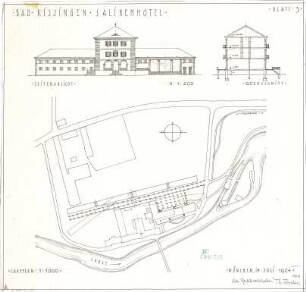 Fischer, Theodor; Bad Kissingen; Salinenhotel - Lageplan, Ansicht, Querschnitt