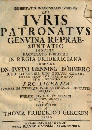Dissertatio Inavgvralis Ivridica Qva Ivris Patronatvs Genvina Repraesentatio