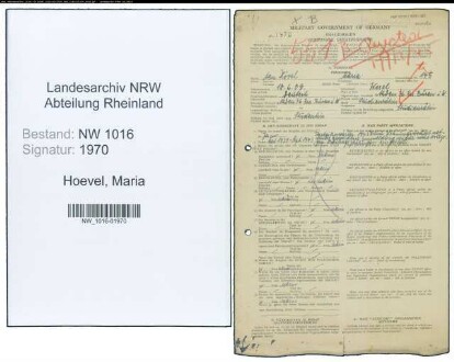 Entnazifizierung Maria Ten Hoevel , geb. 10.06.1908 (Studienraetin)