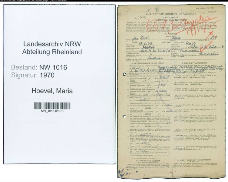 Entnazifizierung Maria Ten Hoevel , geb. 10.06.1908 (Studienraetin)