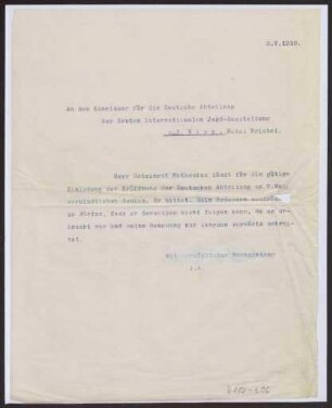 Schreiben an den Kommissar für die Deutsche Abteilung der Ersten Internationalen Jagd-Ausstellung z.Zt. Wien, Hotel Bristol (Brief)