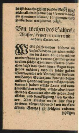 Von weihen des Saltzes/ Wasser/ Fewer/ Kreuter und anderer Creaturen.