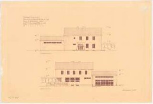 Gymnastikschule am See Monatskonkurrenz Dezember 1932: Aufriss Straßenansicht, Gartenansicht 1:100