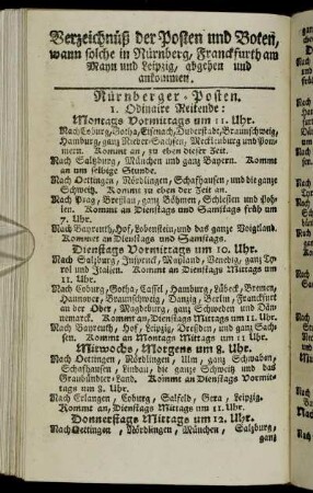 Verzeichnüß der Posten und Boten, wann solche in Nürnberg, Franckfurth am Mayn und Leipzig, abgehen und ankommen