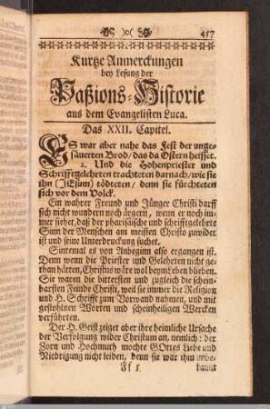 Kurtze Anmerckungen bey Lesung der Paßions-Historie aus dem Evangelisten Luca.