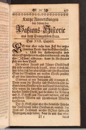 Kurtze Anmerckungen bey Lesung der Paßions-Historie aus dem Evangelisten Luca.