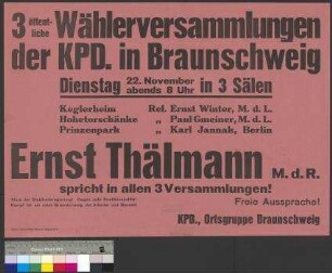 Plakat der KPD zu öffentlichen Wahlversammlungen am 22. November 1927 in Braunschweig