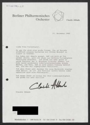 Brief an Elisabeth Furtwängler, 23.11.1992