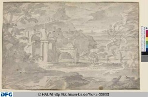 Sturm über einer Berglandschaft mit Palastruine