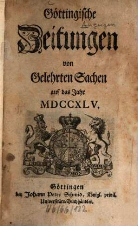 Göttingische Zeitungen von gelehrten Sachen : auf das Jahr .... 1745, 1745