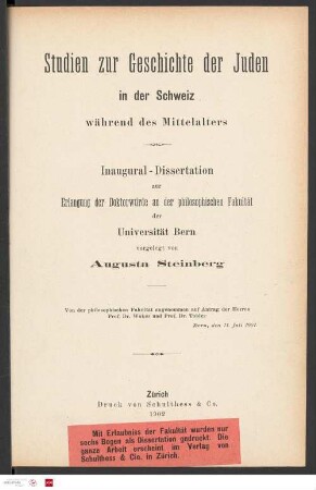 Studien zur Geschichte der Juden in der Schweiz während des Mittelalters