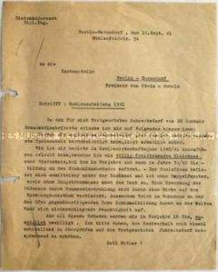 Durchschlag eines maschinenschriftlichen Schreibens mit der Bitte um die Bewilligung einer zusätzlichen Zuteilung von Kohle - Nachlass