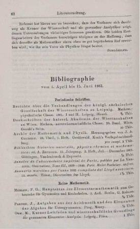 Bibliographie vom 1. April bis 15. Juni 1862.