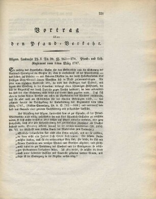 Vortrag über den Pfand-Verkehr. Allgem. Landrecht Th. I. Tit. 20. §§. 263-270. Pfand- und Leih-Reglement vom 13ten März 1787.
