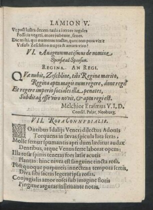 VI. Anagrammatismus de nomine Spousae [Sponsae] ad Sponsum.