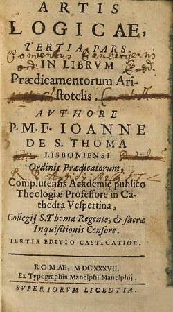 Ioannis de S. Thoma Artis logicae pars ..., 3/4