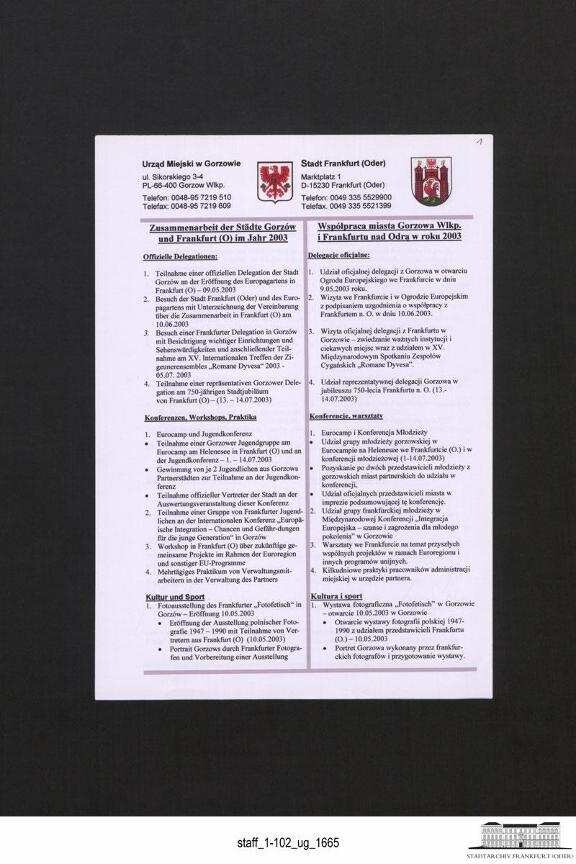 Protokoll der Zusammenarbeit der Städte Frankfurt (Oder) und Gorzów Wielkopolski für das 2003 | Digitalisierung: Stadtarchiv Frankfurt (Oder)