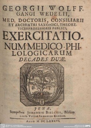Georgii Wolfgangi Wedelii exercitationum medicophilologicarum decades duae