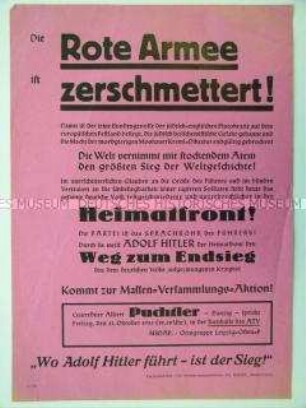Flugblatt mit der Verkündung des "Sieges" über die Sowjetunion und Aufruf zu einer Massenversammlung