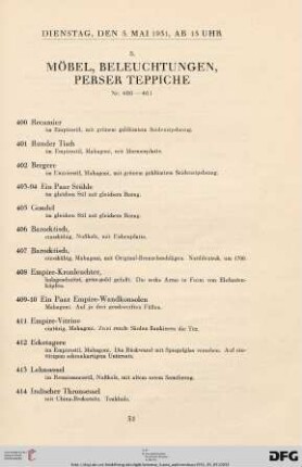 B. Möbel, Beleuchtungen, Perser Teppiche (Nr. 400-461)