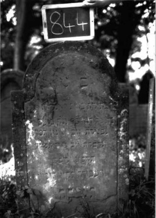 Grabstein 844 (Index: 100102927) Material: Sandstein Zustand: stellenweise stark verwittert, abgeplatzt Maße HxBxT: 112x60x8 cm Beschreibung: Stele, eingezogener Rundbogenabschluss, Schriftfeld durch Rille abgeteilt, mit Konvexbogenabschluss: Grabstein 844