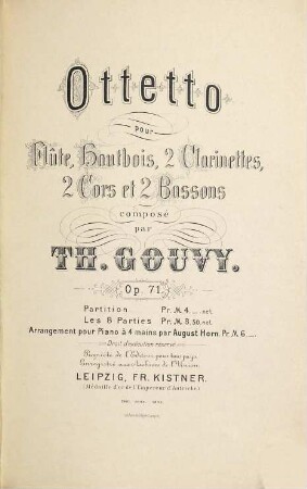 Ottetto pour flûte, hautbois, 2 clarinettes, 2 cors et 2 bassons : op. 71