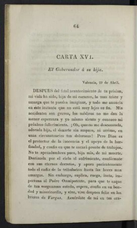 Carta XVI. El Gobernador á su hija.