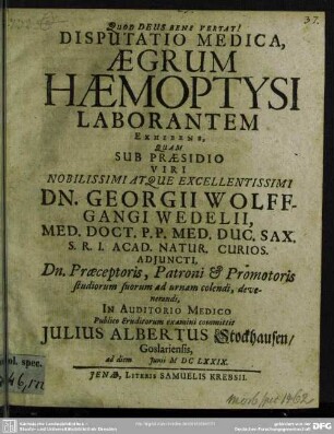 Disputatio medica aegrum haemoptysi laborantem exhibens