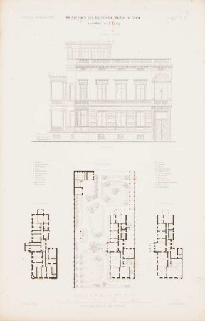 Wohngebäude Viktoriastraße, Berlin: Lageplan, Grundriss Keller, 1.OG, Vorderansicht (aus: Atlas zur Zeitschrift für Bauwesen, hrsg. v. G. Erbkam, Jg. 9, 1859)