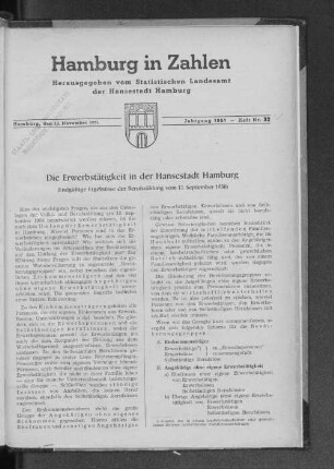 Die Erwerbstätigkeit in der Hansestadt Hamburg : Endgültige Ergebnisse der Berufszählung vom 13. September 1950