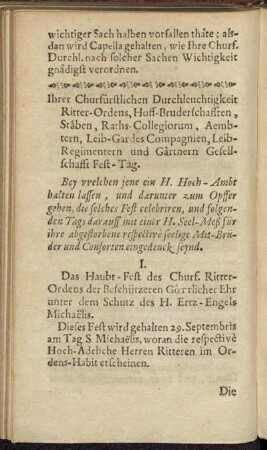 Ihrer Churfürstlichen Durchleuchtigkeit Ritter-Ordens, Hoff-Bruderschafften, Stâben, Raths-Collegiorum, Aembtern, Leib-Gardes Compagnien, Leib-Regimentern und Gârtnern Gesellschafft Fest-Tag.