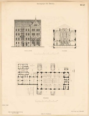 Synagoge, Berlin Monatskonkurrenz Oktober 1888: Grundriss Erdgeschoss; Aufriss Straßenansicht; Querschnitt; 2 Maßstabsleisten