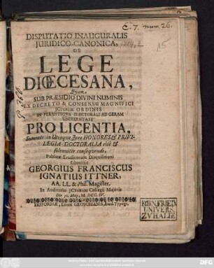 Disputatio Inauguralis Juridico-Canonica, De Lege Diœcesana