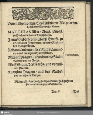 [Dedikation] Denen Ehrenvesten...Hoch- und wolweisen Herren