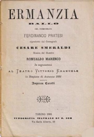 Ermanzia : ballo ; da rappresentarsi al Teatro Vittorio Emanuele la stagione di autunno 1881