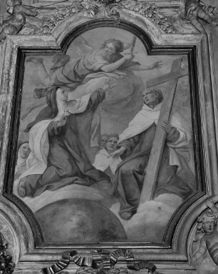 Die heilige Theresia von Ávila und der heilige Petrus von Alcántara beten das flammende Schwert des Propheten Elias an