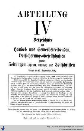 Abteilung IV. Verzeichnis der Handel- und Gewerbetreibenden, sowie andere Berufsarten. Versicherungsgesellschaften. Zeitungen und Zeitschriften.