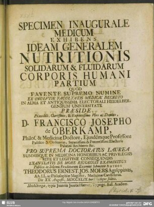 Specimen Inaugurale Medicum Exhibens Ideam Generalem Nutritionis Solidarum & Fluidarum Corporis Humani Partium... : Die XX. Augusti, MDCCXLIX...
